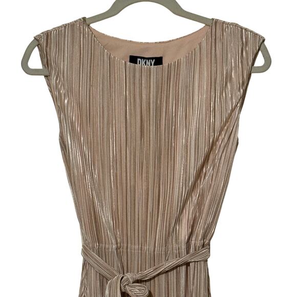 DKNY Size 6 Cream & Gold Pleated Belted Shimmer Fit and Flare Dress - Picture 3 of 9